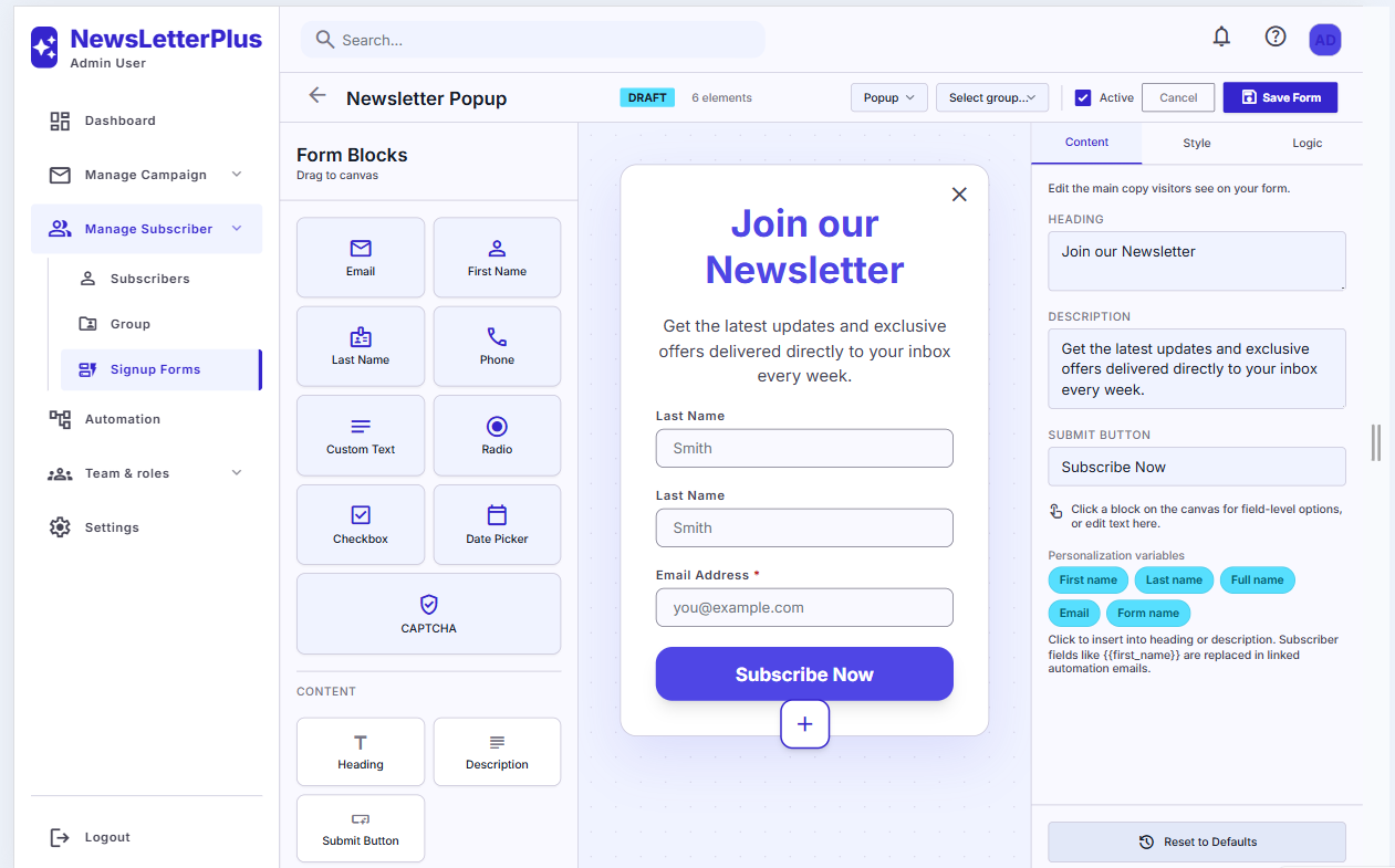 Signup form builder for popup, inline, slide-in, and fixed bar